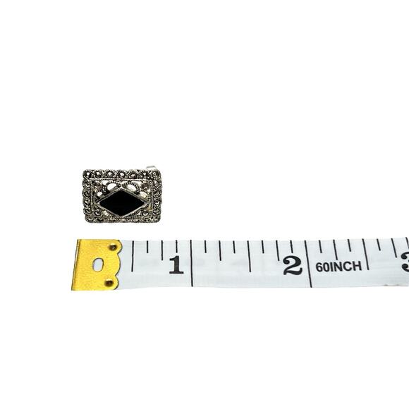 Earrings Silver Tone Filigree Faux Marcasite Black Stone Pierced Art Deco Style - Picture 8 of 8